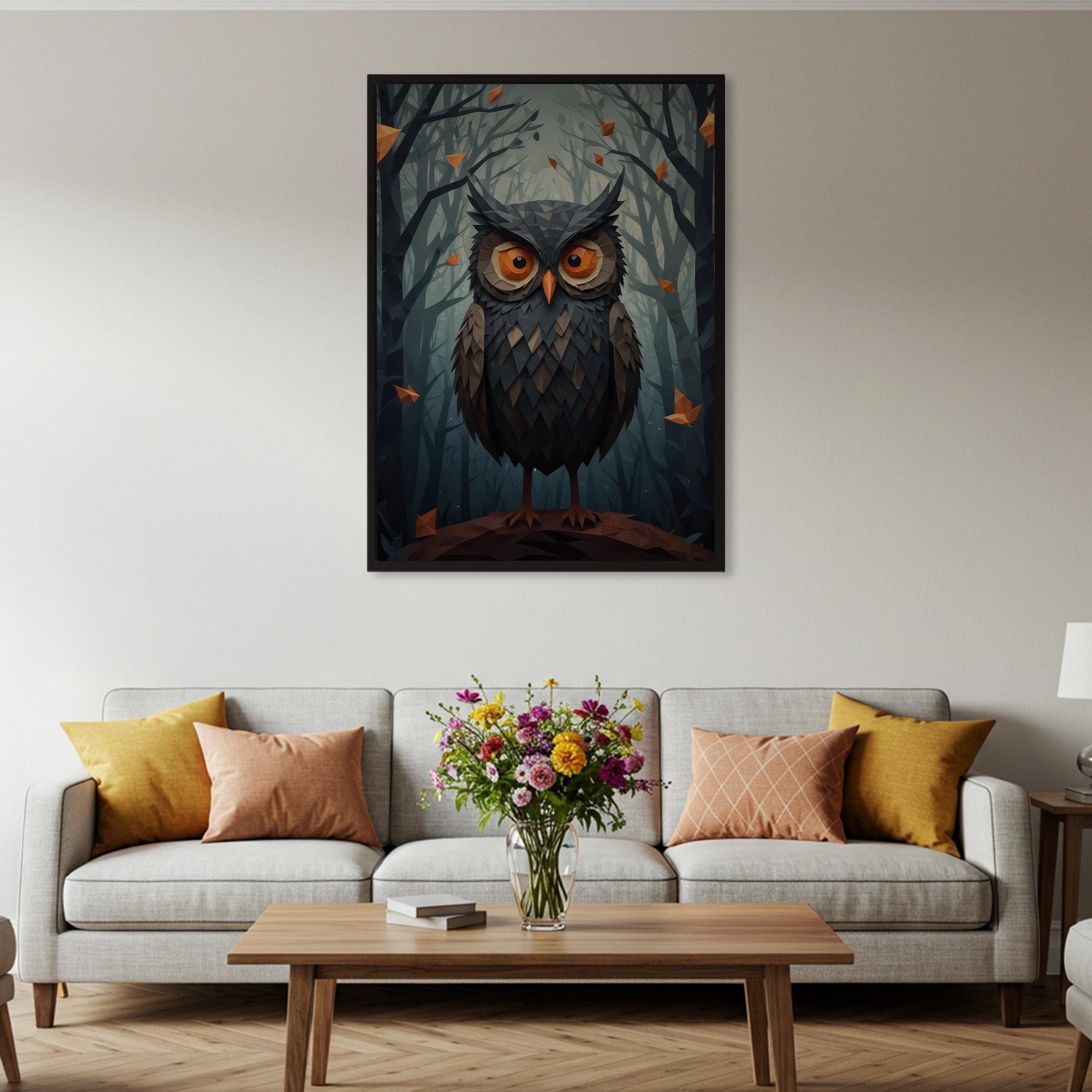 Stylized Owl Poster, Geometric Forest Animal Wall Art Print, Dark Forest Illustration Wall Art, Mood