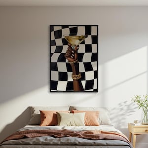 Martini Cocktail Poster Druck, karierte Hintergrund Wandkunst, Trend Bar Decor, Drink Art, moderne Küchenkunst, gerahmt oder ungerahmt