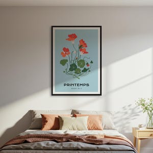 Printemps Botanical Poster, Modern Floral Wall Art Print, Orange Flowers on Blue, Framed or Unframed