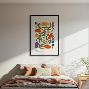 Póster floral colorido, póster de pared con gráficos modernos, póster de decoración de arte popular estilizado, póster artístico de colección de dibujos botánicos.