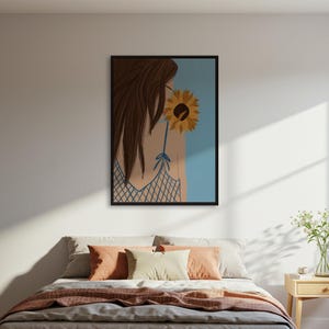 Póster de mujer con girasol, impresión de retrato botánico, arte mural moderno, póster de girasol con o sin marco, decoración inspirada en la naturaleza
