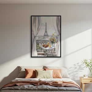 Paris Balkon Blick Poster, Eiffelturm Wand Kunst Druck, Aquarell Illustration Dekor, Romantisches Stadtbild Poster, gerahmt oder ungerahmt