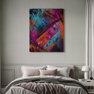 Urban Graffiti Print, Vibrant Abstract Art, Framed Street Canvas, Pink Cyan Wall Decor, Energetic Expressive Painting, Modern Dorm Room