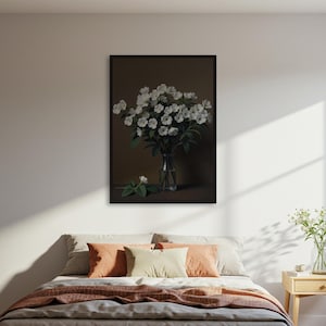 Póster de pintura clásica de flores blancas en jarrón, impresión artística de pared de bodegón botánico, decoración vintage para el hogar, con o sin marco.
