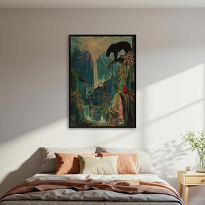 Póster de cascada de jungla de fantasía, impresión artística de pared con paisaje natural místico, ilustración de pájaro pantera, arte de aventura enmarcado y sin marco.
