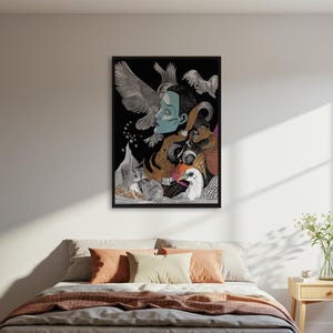 Póster surrealista de mujer pájaro, póster artístico de retrato abstracto, póster de pared ilustrativo ecléctico, póster de decoración gráfica moderna