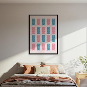 Pink Blue Gummy Bear Poster Print, Pop Art Candy Wall Poster, Minimalist Grid Decor, Cute Kitchen Dorm Room Art