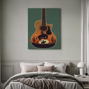 Western Guitar Artwork, Cowboy Scene Scenery, Framed Music Decor, Country Wall Canvas, Rodeo Sunset Silhouette, Musician Gift Keepsake