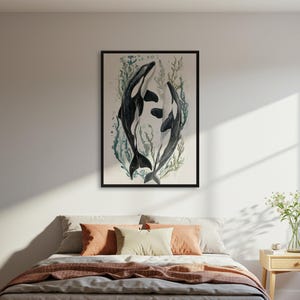 Lámina artística de orcas, póster de animales marinos en acuarela, arte mural de vida marina, decoración costera para el hogar, póster de pared enmarcado, regalo para el hogar