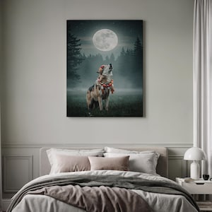 Wolf Howling Scene, Full Moon Forest, Animal Painting Display, Bohemian Living Feature, Rustic Wall Accent, Midnight Wilderness Vibe
