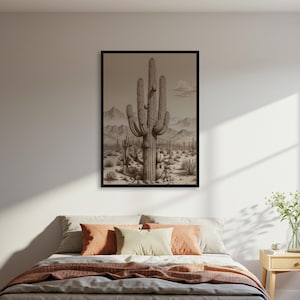 Saguaro Kaktus Poster, Wüstenlandschaft Skizze Kunst Poster Druck, Vintage Botanisches Wandposter, Western Neutral Decor Poster