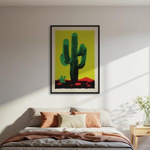 Saguaro Kaktus Poster Druck, Grafische Wüstenlandschaft Wandkunst, Limettengrünes Modernes Plakat, Südwestliches botanisches Dekorplakat