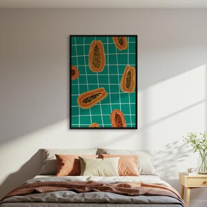Papaya Frucht Muster Poster, Tropischer Kunst Druck, Küchen Dekor, Moderne Illustration Poster, Foodie Geschenk, gerahmt oder ungerahmt