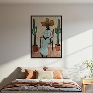 Frau mit Sombrero und Kaktus Kunstdruck, Südwestern Wanddekor Poster, Wüsteninspirierte Kunst, Figurativer Druck, gerahmt oder ungerahmt