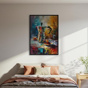 Coffee Pot Painting Wall Print, Kitchen Wall Decor, Abstract Still Life Poster, Colorful Food Art, Framed Wall Art, Gİft for Home