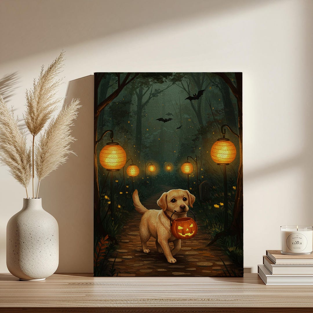Golden Retriever Halloween Canvas Wall Art, Cute Dog With Pumpkin ...