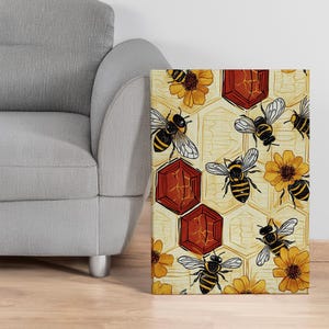 Honey Bee and Honeycomb Canvas Wall Art with Yellow Flowers, Botanical Nature Print for Kitchen, Nursery, Garden or Beekeeper Gift Framed