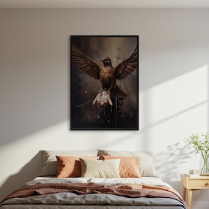 Poster di uccello maestoso, stampa artistica di falco sulla mano, poster di grandi dimensioni con/senza cornice, poster da parete di umore cupo