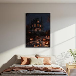 Halloween Spuk Haus Poster Druck, Gruselige Kürbis Wand Kunst, Gruselige Oktober Dekoration, gerahmt oder ungerahmt