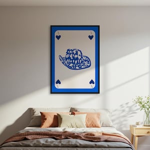 Schoppenaas poster cowboyhoed, blauwe muurkunstprint, westers esthetisch decor, ingelijste of ingelijste poster