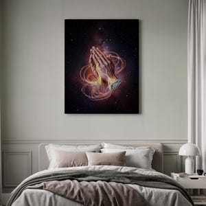 Praying Hands Canvas, Framed Spiritual Art, Celestial Energy Print, Faith Hope Painting, Cosmic Light Wall Decor, Religious Themed Gift