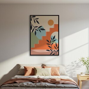 Abstrakte Landschaft Poster, Moderne Treppe Kunstdruck, Erdtöne Botanische Wanddekoration, gerahmte Wand Poster, Natur Druck, Geschenk für Zuhause