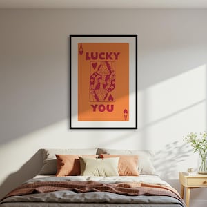 Pôster de cartas de baralho Lucky You Ace of Hearts, impressão de arte de parede laranja-rosa, decoração romântica para quarto, com moldura e sem moldura