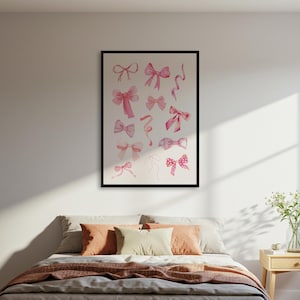 Pink Bows Poster Print, Scattered Watercolor Ribbon Wall Art, Coquette Aesthetic Decor Poster, Girly Nursery Room Poster