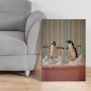 Divertido lienzo de pingüino para pared para baño o habitación infantil, divertida obra de arte animal, divertida escena de bañera con burbujas, regalo para él o para ella.