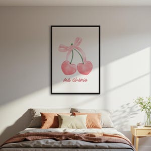Ma Cherie Cherries Poster, Pink Fruit Art Print, Sweet Kitchen Decor, French Quote Wall Art, Framed Wall Poster, Gift For Home