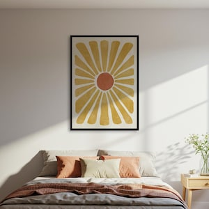 Poster con fiori astratti a raggi di sole, stampa artistica da parete moderna e minimalista, decorazione floreale gialla e arancione, con o senza cornice.