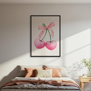 Pink Cherry Poster Print with Bow, Watercolor Fruit Wall Art, Cute Coquette Kitchen Decor Poster, Girly Pink Bow Illustration