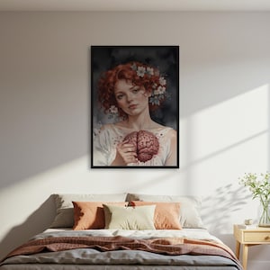Póster de mujer sosteniendo un cerebro, impresión de póster de arte oscuro surrealista, póster de pared de anatomía floral, póster decorativo de retrato melancólico