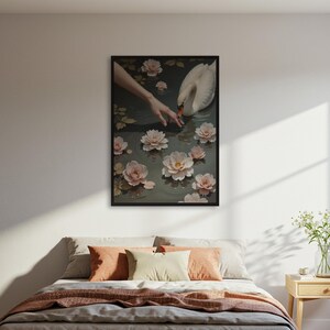Póster de cisne y flores de loto, impresión artística de pared de naturaleza serena, decoración romántica con escena de estanque, póster enmarcado o sin marco