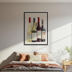 Plakat z butelkami wina, wydruk sztuki ściennej akwarelą, wystrój kuchni, nowoczesny plakat ilustracyjny, prezent dla miłośnika wina, oprawiony lub nieoprawiony