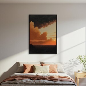 Stimmungsvoller Sonnenuntergang Landschaft Poster Druck, dunkler Wald Wandkunst, atmosphärische Naturmalerei, gerahmt oder ungerahmt Wohnkultur