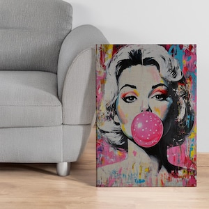 Marilyn Pop Art Canvas Wall Art with Pink Bubblegum and Graffiti Texture, Bold Modern Portrait Print for Salon, Office or Trendy Decor
