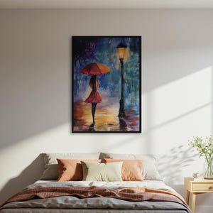 Woman with Umbrella in Rain Poster, Moody Cityscape Wall Art Print, Romantic Painting Wall Art, Framed Wall Art, Gift for home