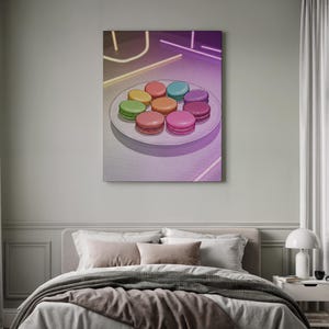 Arte de macarons vibrantes, fotografía de comida enmarcada, impresión de postres coloridos, lienzo de dulces, regalo de decoración de panadería para entusiastas culinarios.