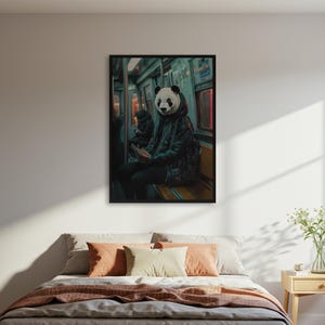 Póster de metro con máscara de panda, impresión artística de pared de animales urbanos, decoración de panda leyendo, regalo único, con o sin marco