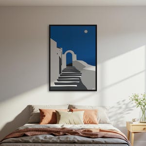 Minimalist Greek Island Poster Print, Santorini Night Sky Wall Art, Blue Moon Stairs Archway Decor Poster, Mediterranean Travel Poster