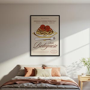 Impressão de pôster de macarrão à bolonhesa, arte de parede de propaganda de comida italiana vintage, pôster engraçado de decoração de cozinha com almôndegas, ilustração de culinária retrô