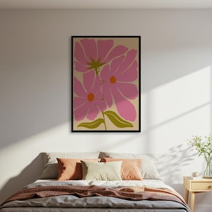 Póster de flores rosas vibrantes, arte floral moderno para pared, decoración floral abstracta para pared, impresión floral minimalista para pared, decoración bohemia para dormitorio.