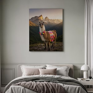 Llama Mountain Display, Festive Animal Feature, South American Scene, Vibrant Alpaca Artwork, Framed Wall Accent, Colorful Journey Spirit
