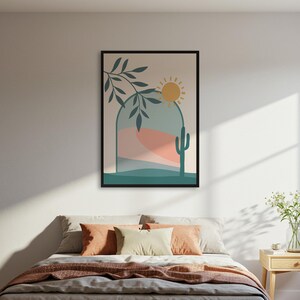 Abstrakte Wüstenlandschaft Poster, moderne Natur Wand Kunst mit Kaktus & Sonne, Erdige Töne Dekor, gerahmtes Wandposter, Geschenk für Zuhause