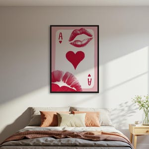 Hartenaas speelkaart poster, lippen kunst aan de muur print, romantisch muur decor, game room kunst aan de muur, moderne liefde poster, cadeau voor haar