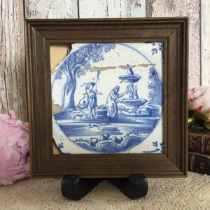 Antique Delft Blue Tile 17th century RARE. Shepherd and maid at fountain, hand painted Delftware. Dutch Baroque painting. Framed wall art.