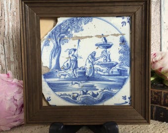 Antique Delft Blue Tile: 17th Century Dutch Baroque Shepherd Scene