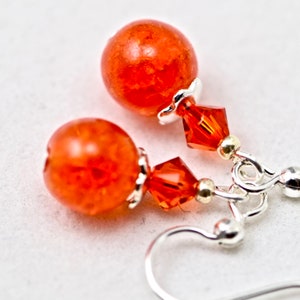 Orange Crackle Glass Crystals Silver Earrings