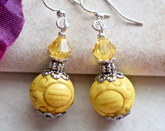 Yellow Brown Round Stone Crystal Silver Earrings
